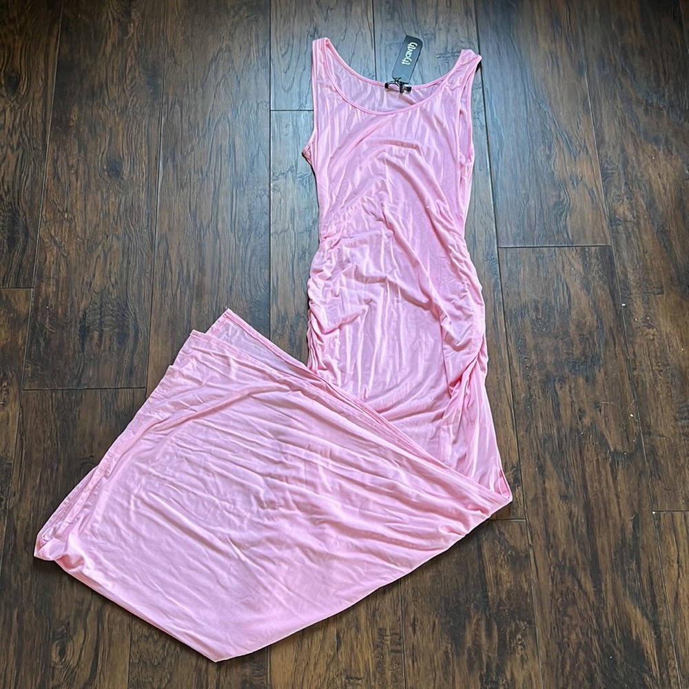 Thanth Pink Ruched Side Maxi Dress